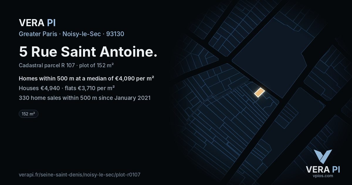 5 Rue Saint Antoine, Noisy-le-Sec at night – the plot lit, the parcels around coloured by the prices near them
