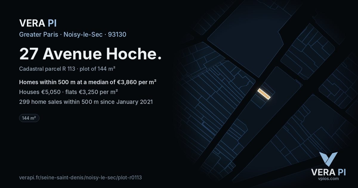 27 Avenue Hoche, Noisy-le-Sec at night – the plot lit, the parcels around coloured by the prices near them