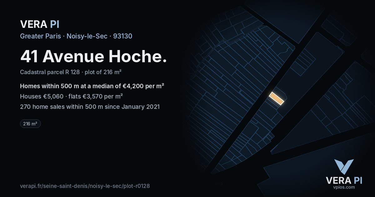41 Avenue Hoche, Noisy-le-Sec at night – the plot lit, the parcels around coloured by the prices near them