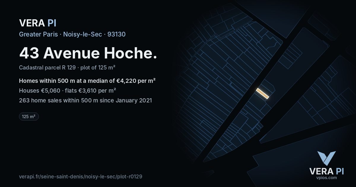 43 Avenue Hoche, Noisy-le-Sec at night – the plot lit, the parcels around coloured by the prices near them