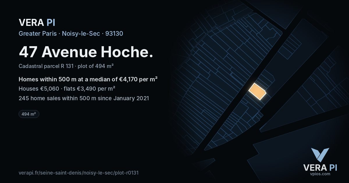 47 Avenue Hoche, Noisy-le-Sec at night – the plot lit, the parcels around coloured by the prices near them