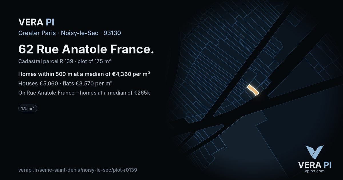 62 Rue Anatole France, Noisy-le-Sec at night – the plot lit, the parcels around coloured by the prices near them