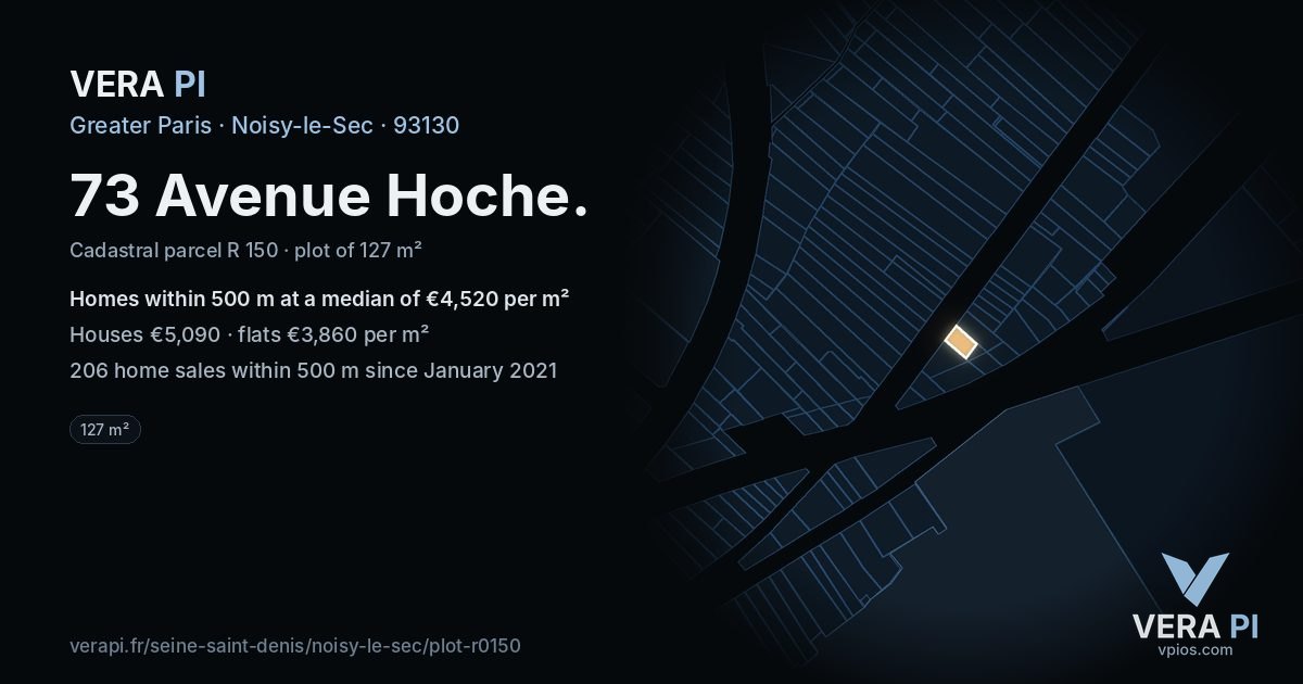 73 Avenue Hoche, Noisy-le-Sec at night – the plot lit, the parcels around coloured by the prices near them