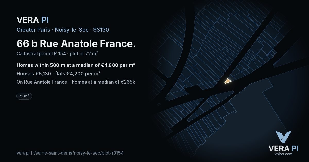 66 b Rue Anatole France, Noisy-le-Sec at night – the plot lit, the parcels around coloured by the prices near them