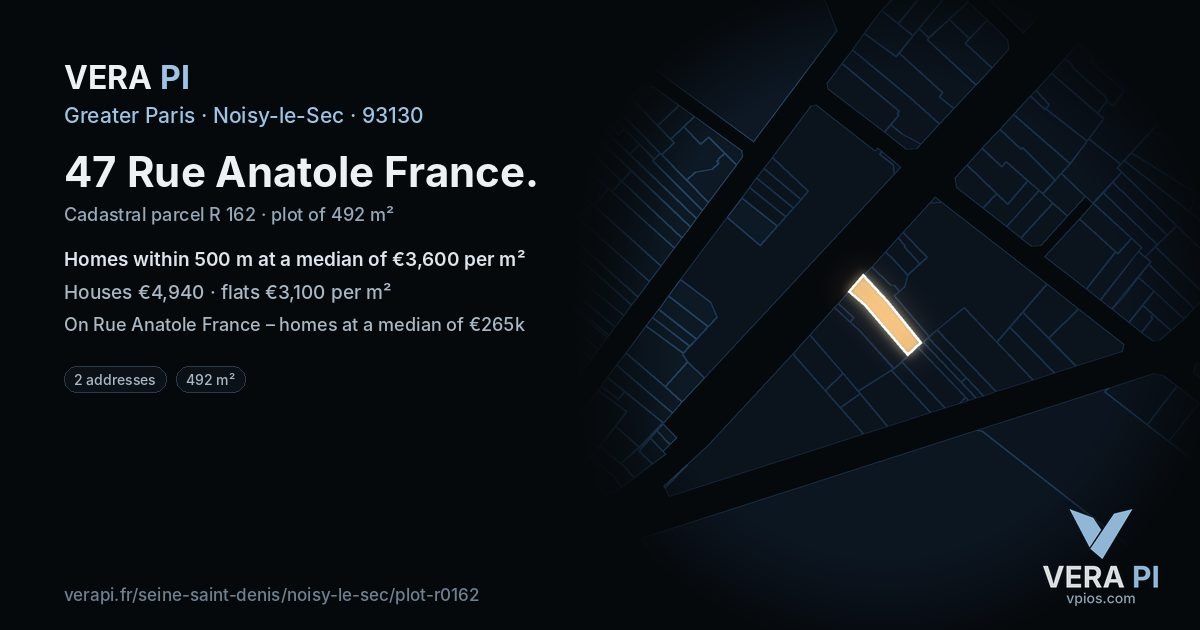 47 Rue Anatole France, Noisy-le-Sec at night – the plot lit, the parcels around coloured by the prices near them