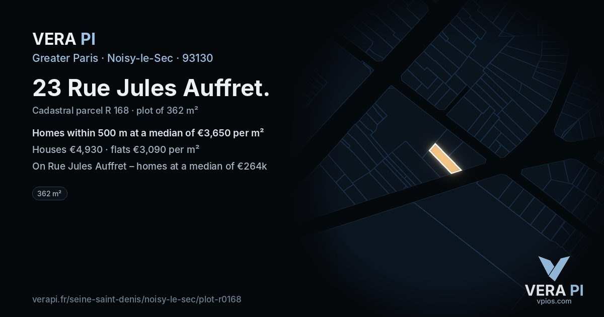 23 Rue Jules Auffret, Noisy-le-Sec at night – the plot lit, the parcels around coloured by the prices near them