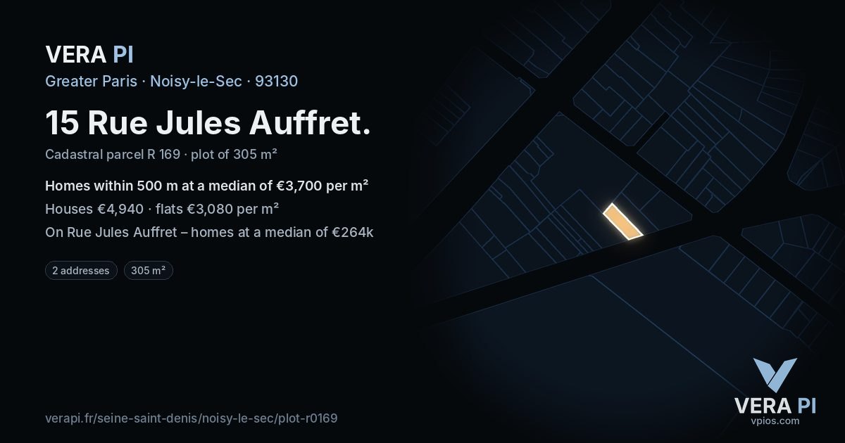 15 Rue Jules Auffret, Noisy-le-Sec at night – the plot lit, the parcels around coloured by the prices near them