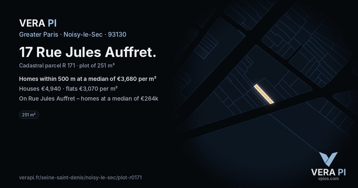 17 Rue Jules Auffret, Noisy-le-Sec at night – the plot lit, the parcels around coloured by the prices near them