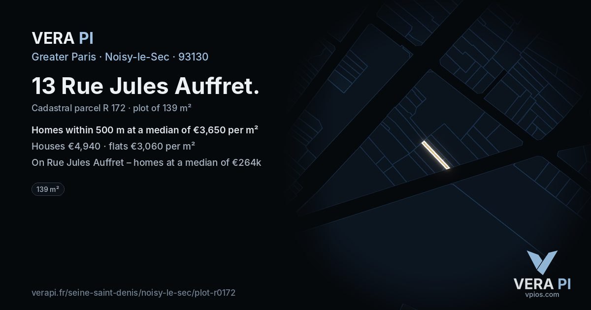 13 Rue Jules Auffret, Noisy-le-Sec at night – the plot lit, the parcels around coloured by the prices near them