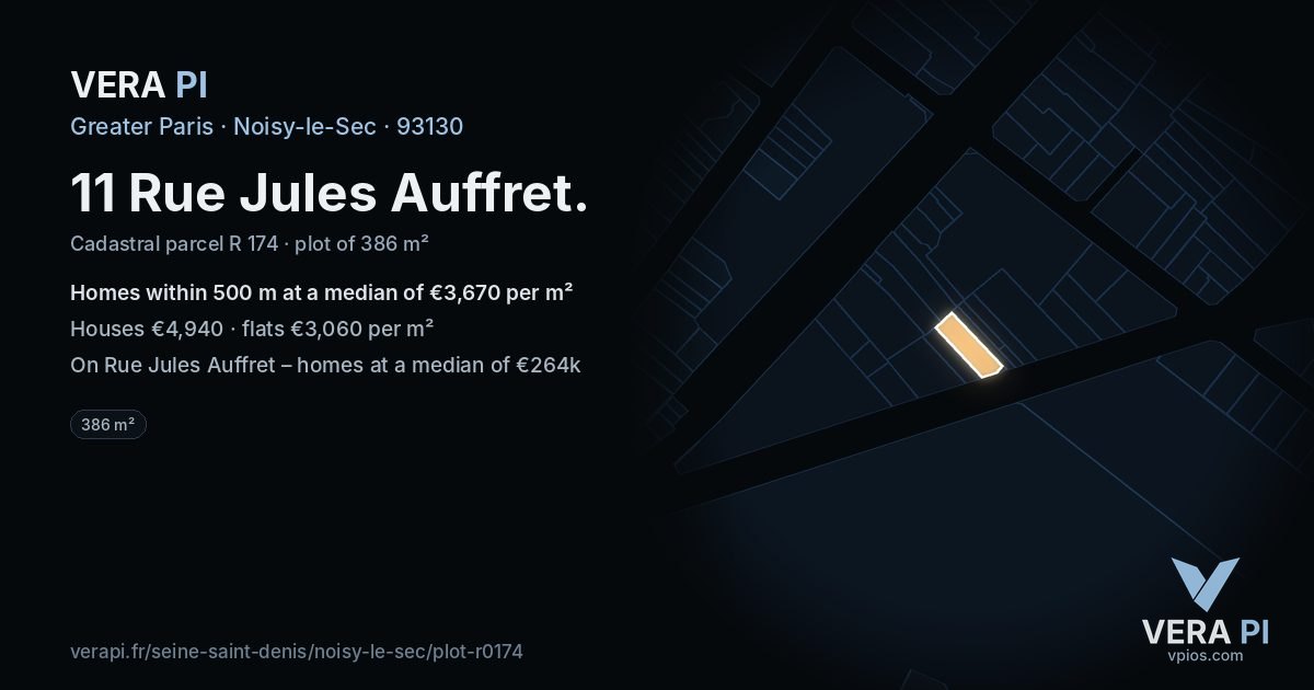 11 Rue Jules Auffret, Noisy-le-Sec at night – the plot lit, the parcels around coloured by the prices near them