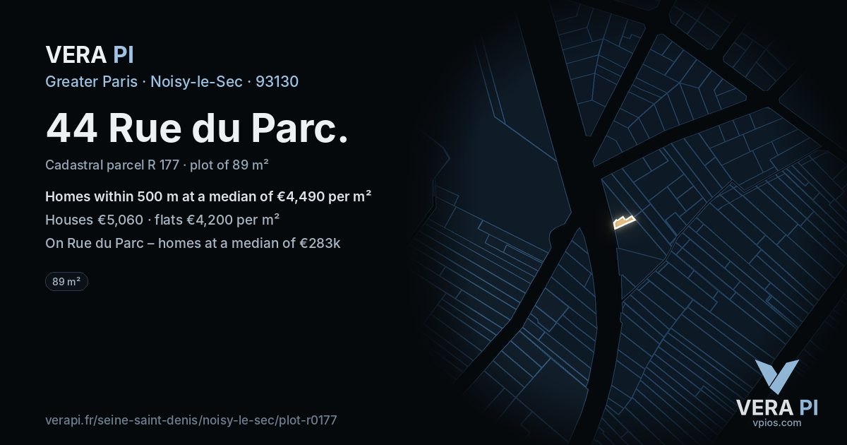 44 Rue du Parc, Noisy-le-Sec at night – the plot lit, the parcels around coloured by the prices near them