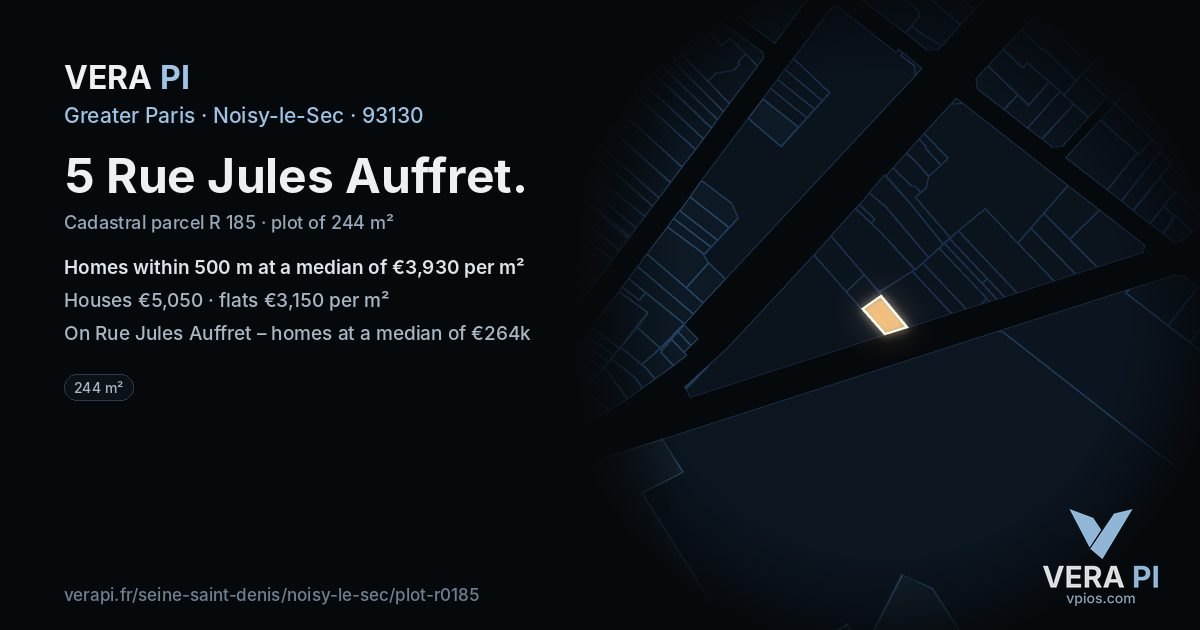 5 Rue Jules Auffret, Noisy-le-Sec at night – the plot lit, the parcels around coloured by the prices near them
