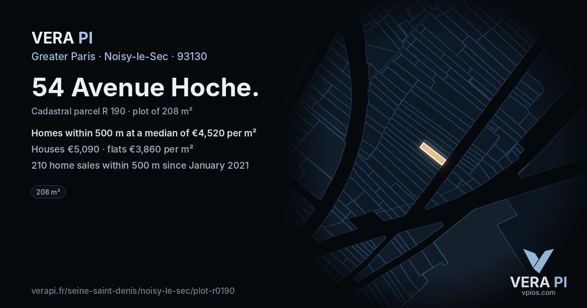 54 Avenue Hoche, Noisy-le-Sec at night – the plot lit, the parcels around coloured by the prices near them