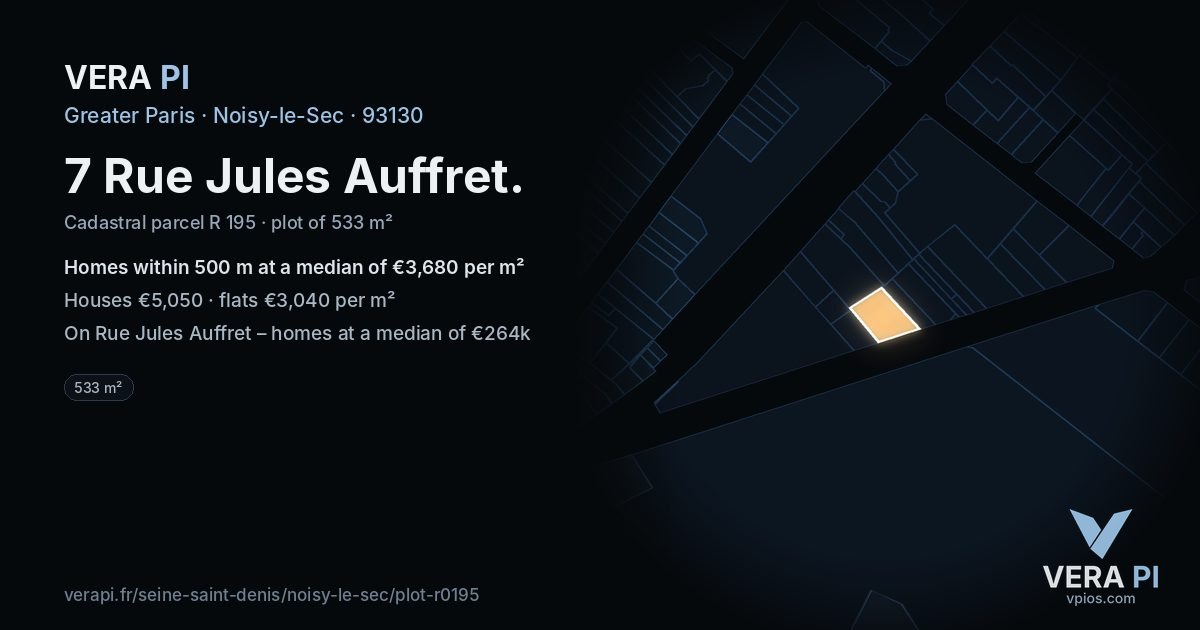 7 Rue Jules Auffret, Noisy-le-Sec at night – the plot lit, the parcels around coloured by the prices near them
