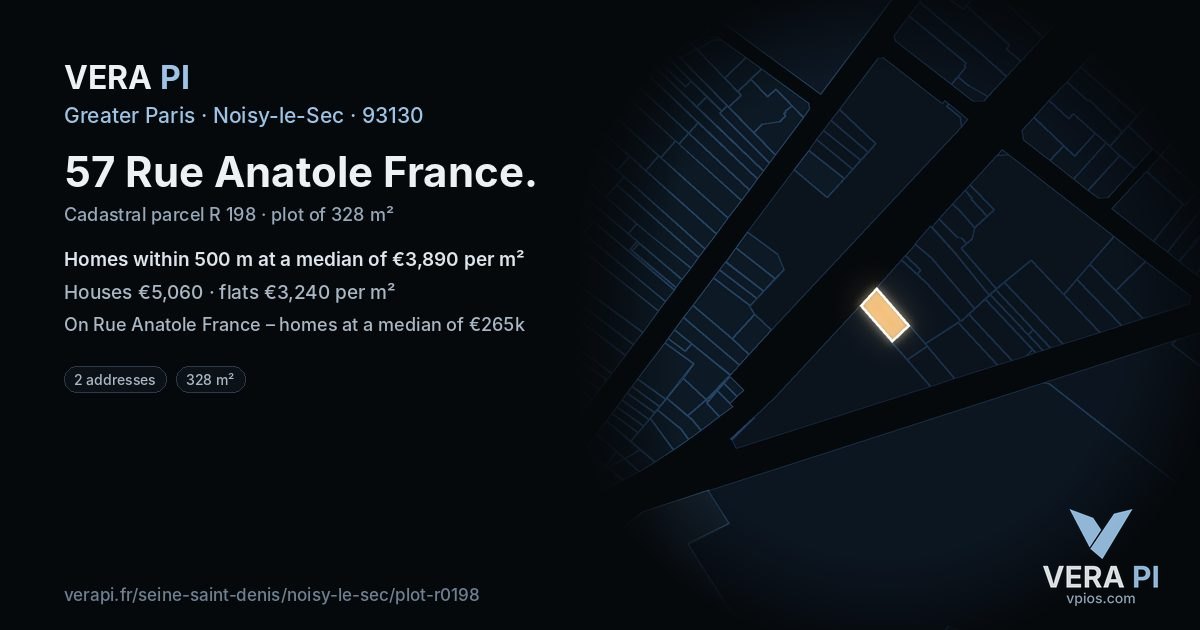 57 Rue Anatole France, Noisy-le-Sec at night – the plot lit, the parcels around coloured by the prices near them