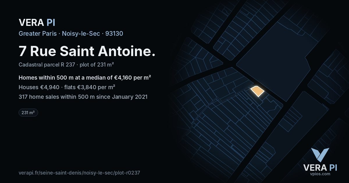7 Rue Saint Antoine, Noisy-le-Sec at night – the plot lit, the parcels around coloured by the prices near them