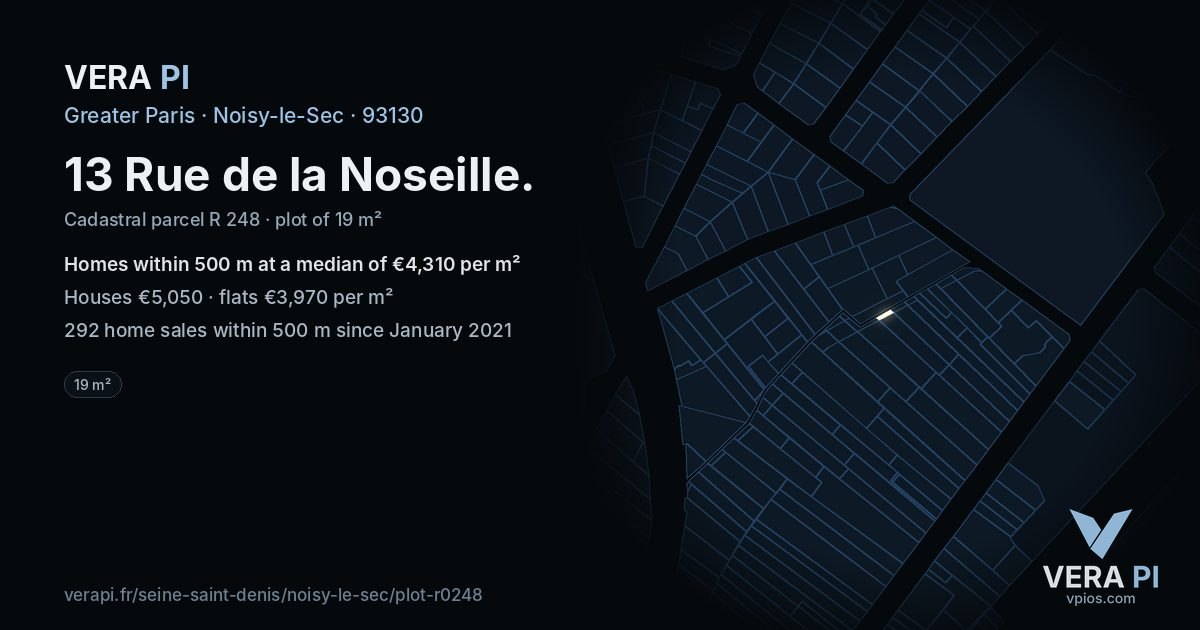 13 Rue de la Noseille, Noisy-le-Sec at night – the plot lit, the parcels around coloured by the prices near them