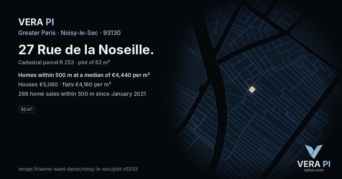 27 Rue de la Noseille, Noisy-le-Sec at night – the plot lit, the parcels around coloured by the prices near them