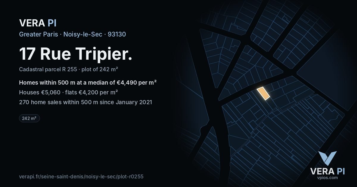 17 Rue Tripier, Noisy-le-Sec at night – the plot lit, the parcels around coloured by the prices near them