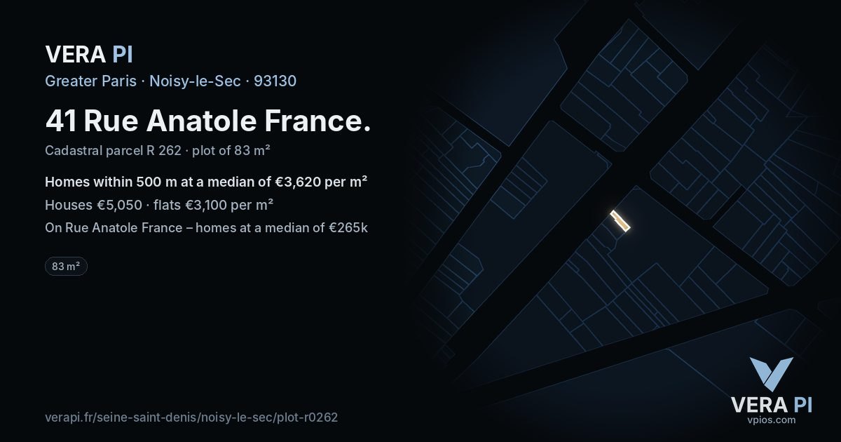 41 Rue Anatole France, Noisy-le-Sec at night – the plot lit, the parcels around coloured by the prices near them