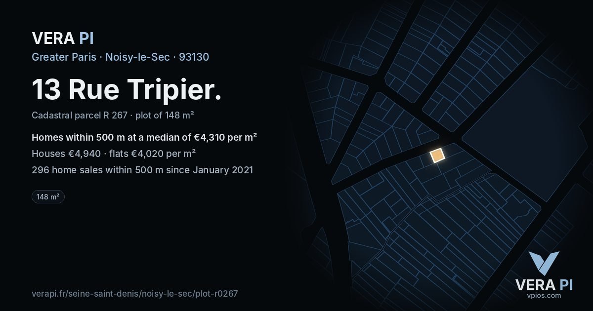 13 Rue Tripier, Noisy-le-Sec at night – the plot lit, the parcels around coloured by the prices near them