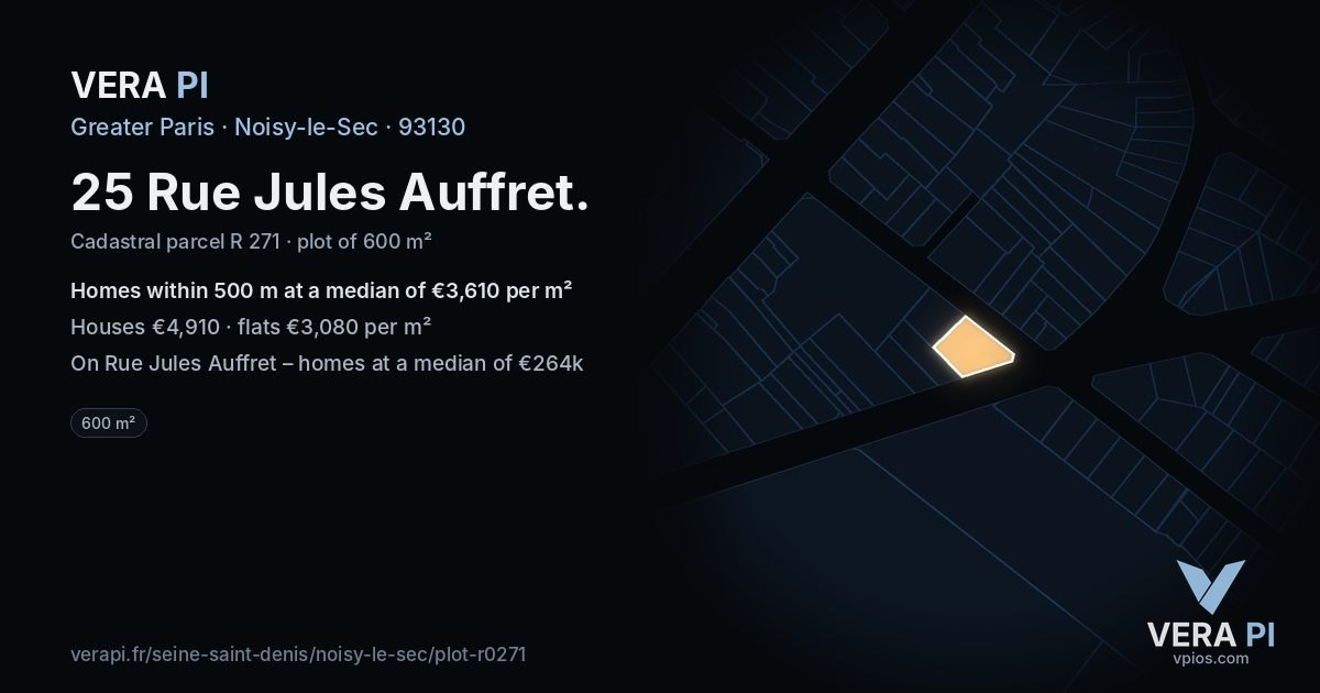 25 Rue Jules Auffret, Noisy-le-Sec at night – the plot lit, the parcels around coloured by the prices near them
