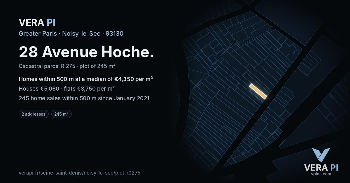 28 Avenue Hoche, Noisy-le-Sec at night – the plot lit, the parcels around coloured by the prices near them