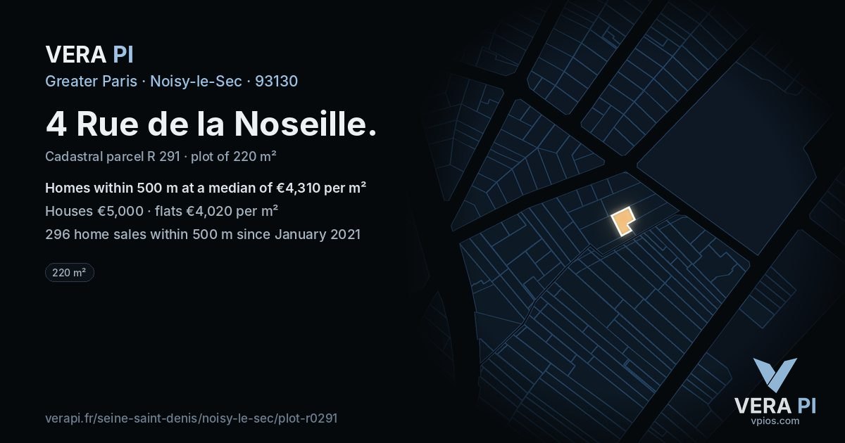 4 Rue de la Noseille, Noisy-le-Sec at night – the plot lit, the parcels around coloured by the prices near them