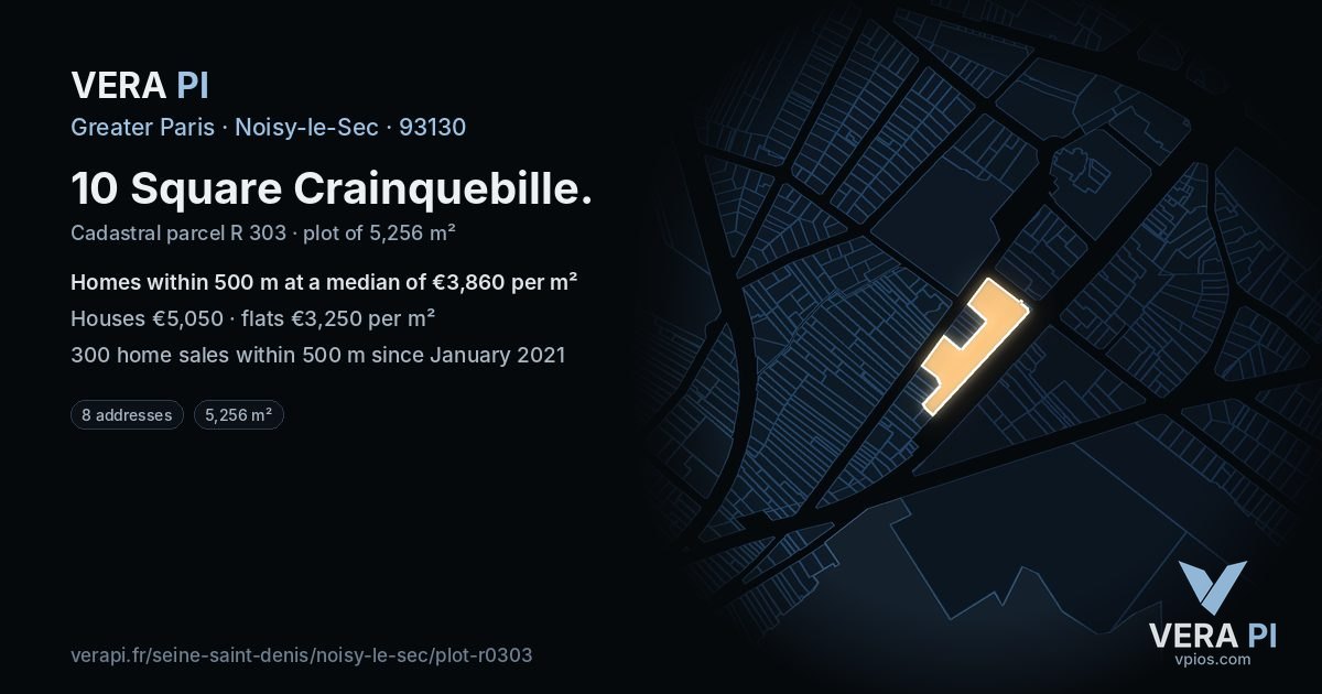 10 Square Crainquebille, Noisy-le-Sec at night – the plot lit, the parcels around coloured by the prices near them