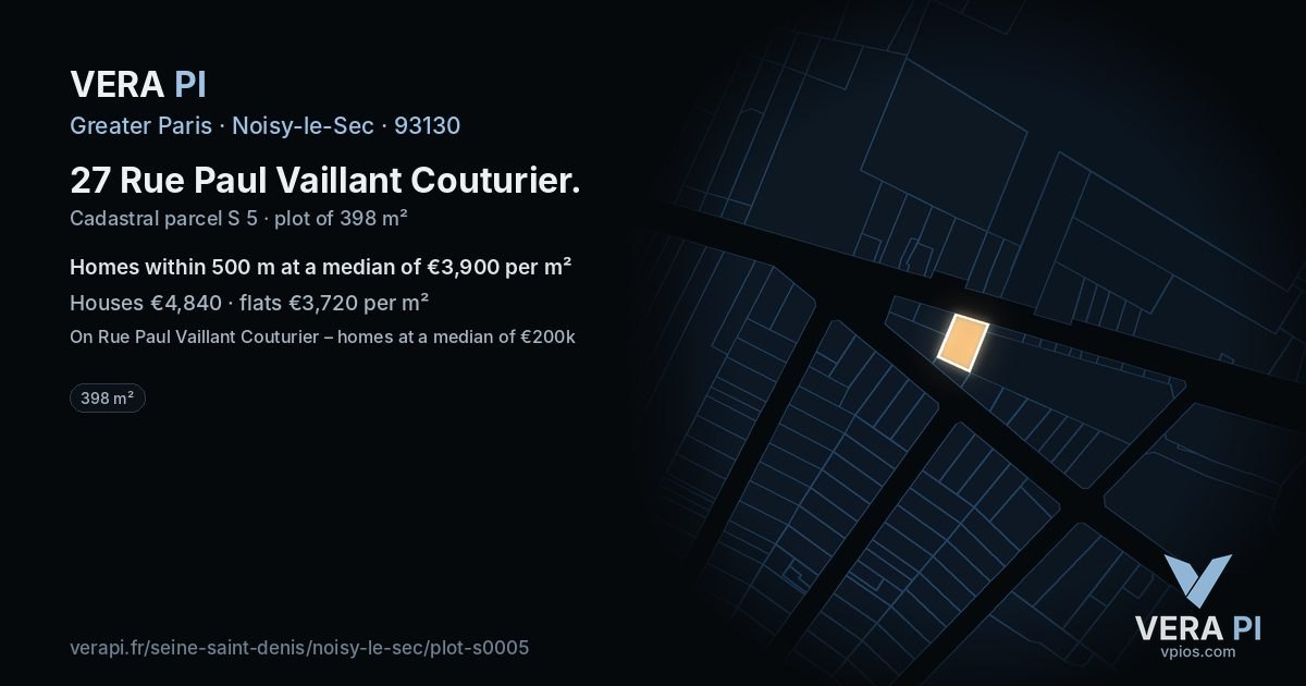 27 Rue Paul Vaillant Couturier, Noisy-le-Sec at night – the plot lit, the parcels around coloured by the prices near them