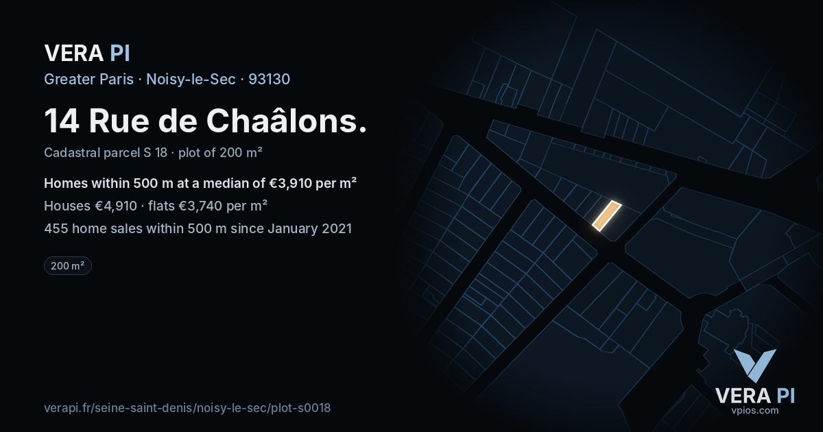 14 Rue de Chaâlons, Noisy-le-Sec at night – the plot lit, the parcels around coloured by the prices near them