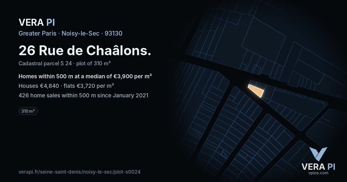 26 Rue de Chaâlons, Noisy-le-Sec at night – the plot lit, the parcels around coloured by the prices near them