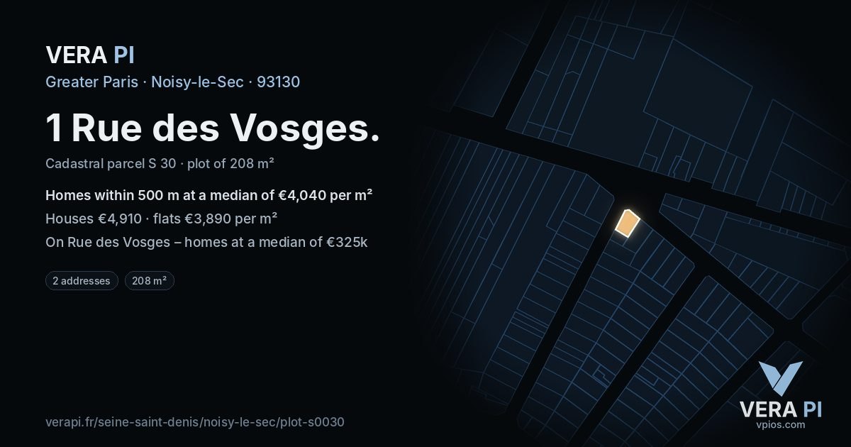 1 Rue des Vosges, Noisy-le-Sec at night – the plot lit, the parcels around coloured by the prices near them
