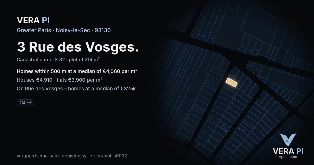 3 Rue des Vosges, Noisy-le-Sec at night – the plot lit, the parcels around coloured by the prices near them