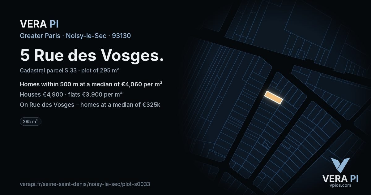 5 Rue des Vosges, Noisy-le-Sec at night – the plot lit, the parcels around coloured by the prices near them