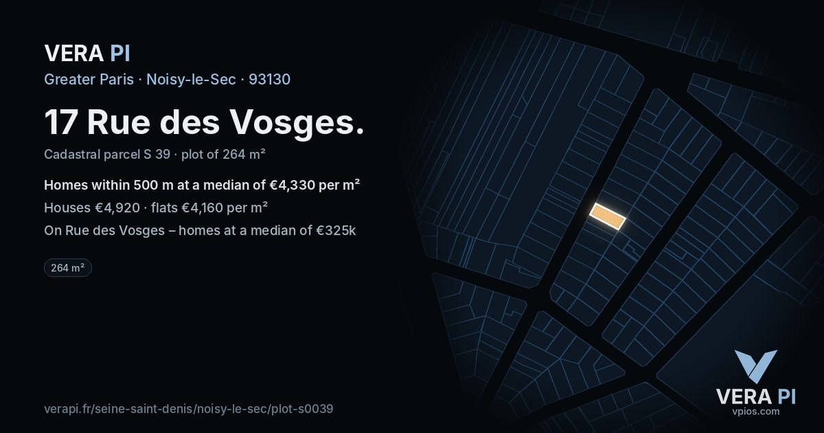 17 Rue des Vosges, Noisy-le-Sec at night – the plot lit, the parcels around coloured by the prices near them