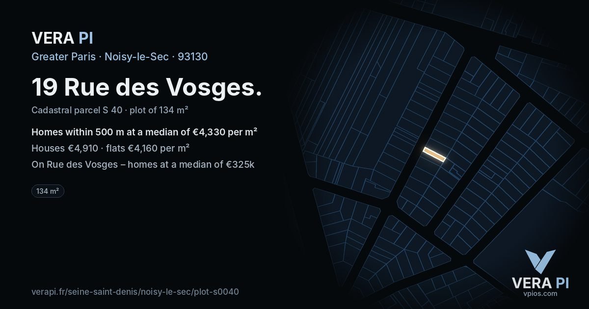 19 Rue des Vosges, Noisy-le-Sec at night – the plot lit, the parcels around coloured by the prices near them