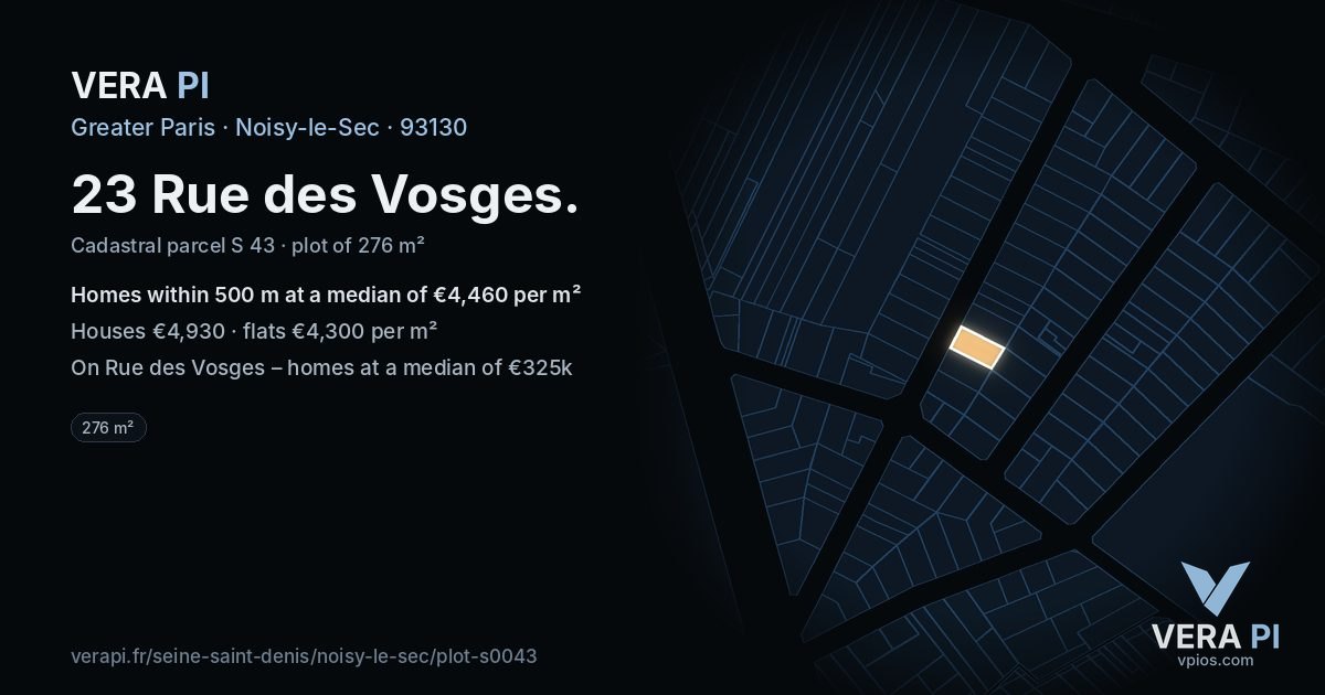 23 Rue des Vosges, Noisy-le-Sec at night – the plot lit, the parcels around coloured by the prices near them