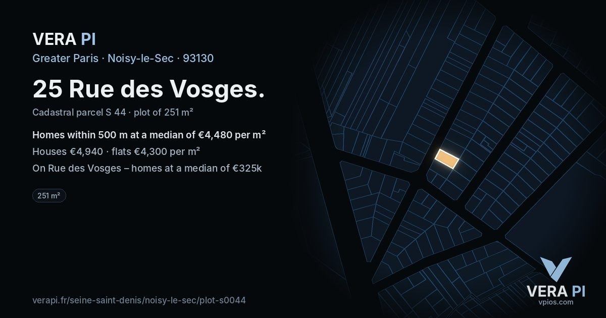 25 Rue des Vosges, Noisy-le-Sec at night – the plot lit, the parcels around coloured by the prices near them