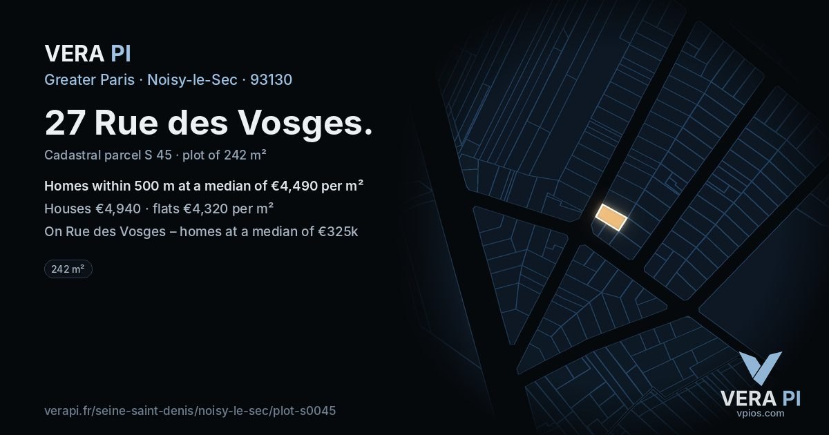 27 Rue des Vosges, Noisy-le-Sec at night – the plot lit, the parcels around coloured by the prices near them