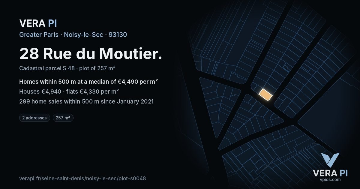 28 Rue du Moutier, Noisy-le-Sec at night – the plot lit, the parcels around coloured by the prices near them