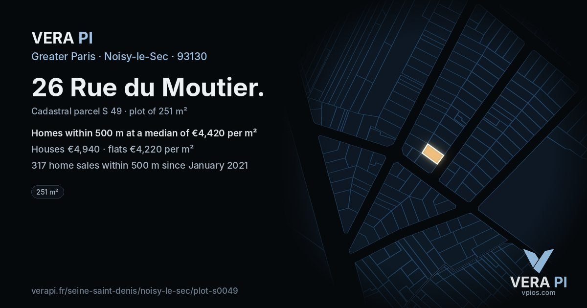 26 Rue du Moutier, Noisy-le-Sec at night – the plot lit, the parcels around coloured by the prices near them