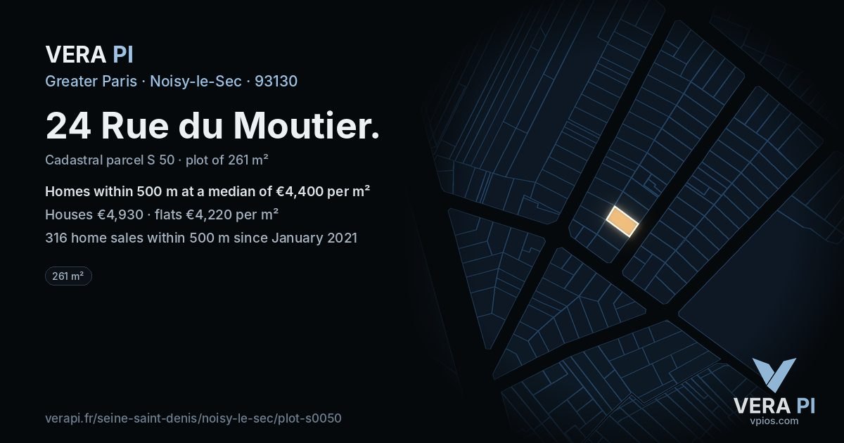 24 Rue du Moutier, Noisy-le-Sec at night – the plot lit, the parcels around coloured by the prices near them