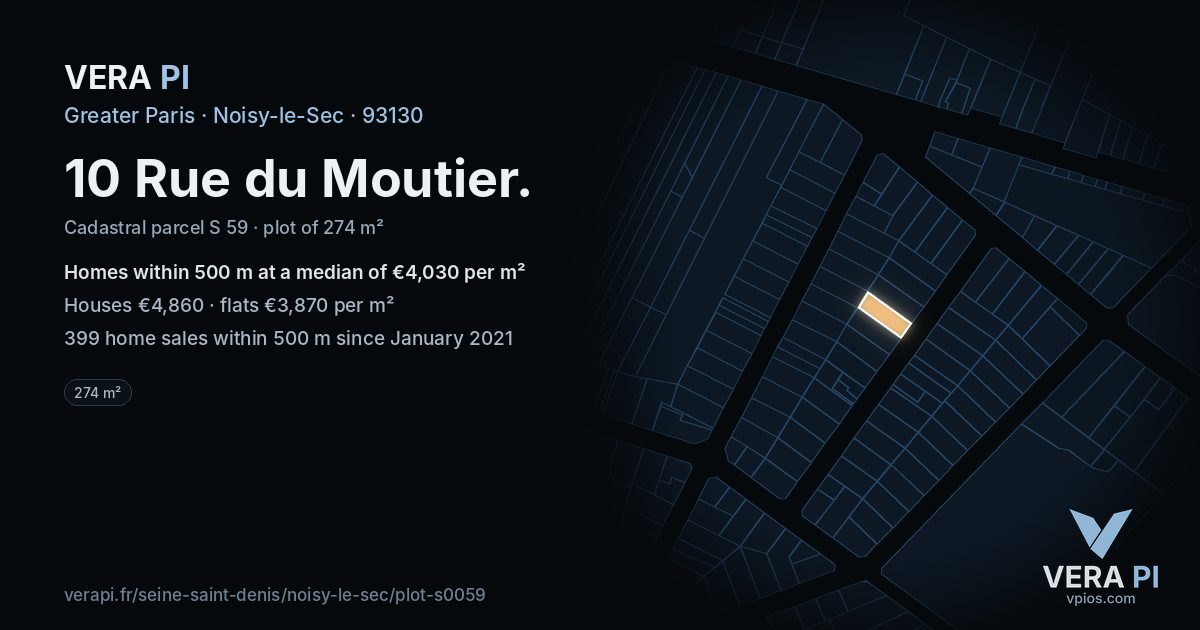 10 Rue du Moutier, Noisy-le-Sec at night – the plot lit, the parcels around coloured by the prices near them