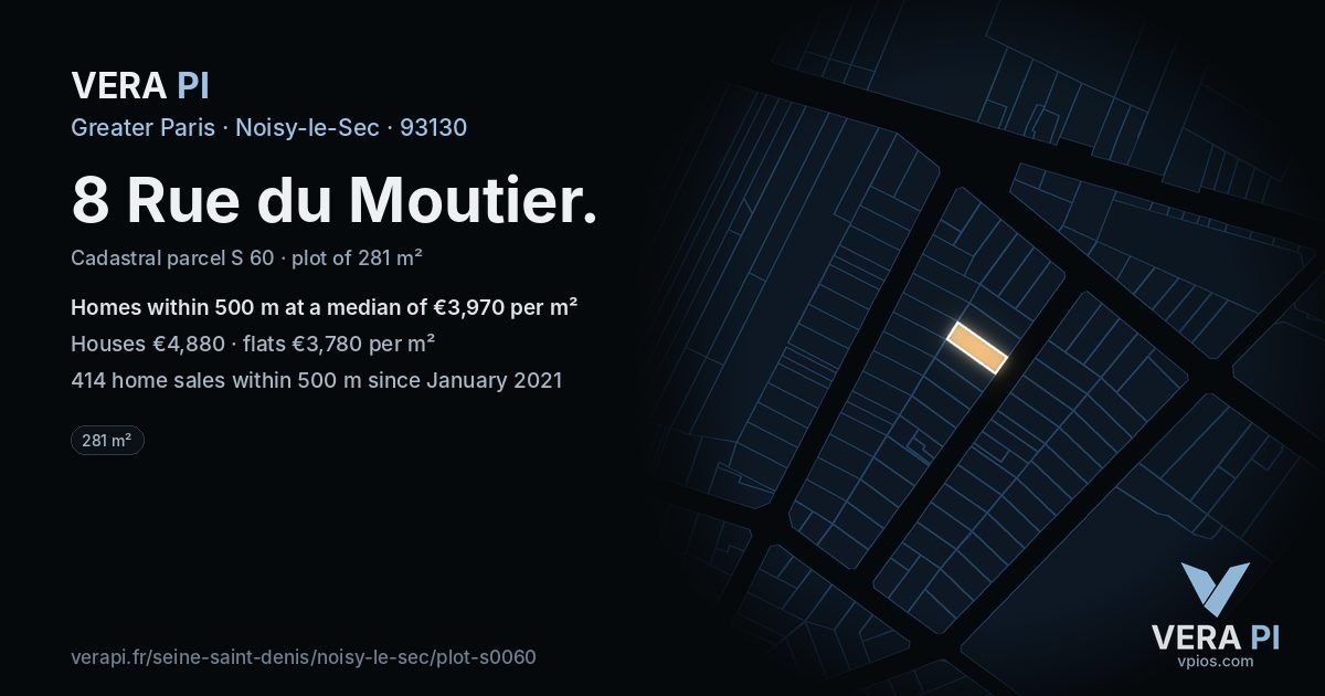 8 Rue du Moutier, Noisy-le-Sec at night – the plot lit, the parcels around coloured by the prices near them