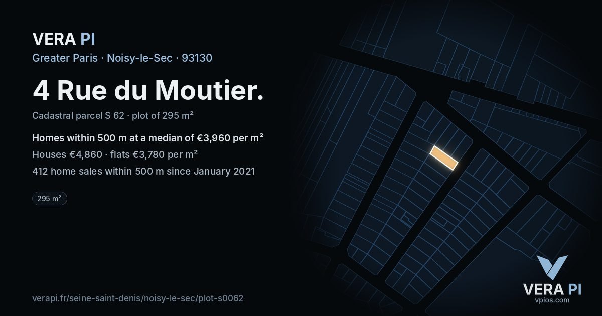 4 Rue du Moutier, Noisy-le-Sec at night – the plot lit, the parcels around coloured by the prices near them