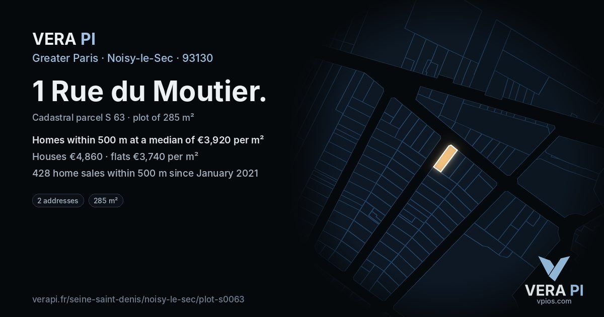 1 Rue du Moutier, Noisy-le-Sec at night – the plot lit, the parcels around coloured by the prices near them