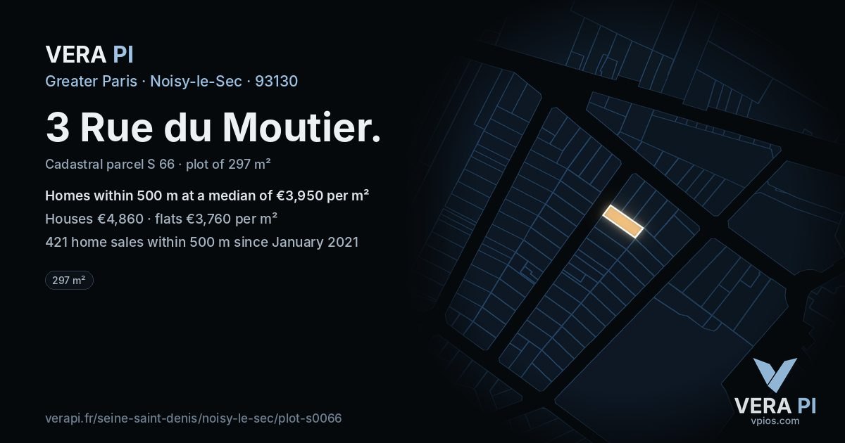 3 Rue du Moutier, Noisy-le-Sec at night – the plot lit, the parcels around coloured by the prices near them