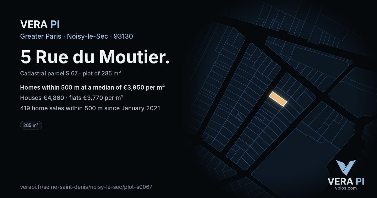 5 Rue du Moutier, Noisy-le-Sec at night – the plot lit, the parcels around coloured by the prices near them