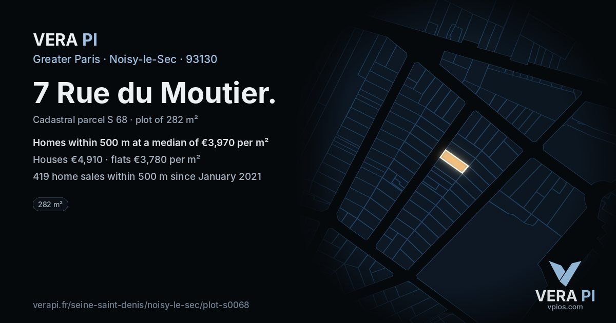 7 Rue du Moutier, Noisy-le-Sec at night – the plot lit, the parcels around coloured by the prices near them